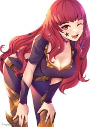 Rule 34 | 1girl, absurdres, black bodysuit, bodysuit, breasts, cleavage, facial mark, fire emblem, fire emblem engage, hair ornament, hands on own knees, highres, leaning forward, long hair, medium breasts, nintendo, one eye closed, open mouth, pixie (pixieinktvis), red eyes, red hair, smile, solo, star (symbol), star facial mark, star hair ornament, upper body, watermark, wavy hair, white background, yunaka (fire emblem)