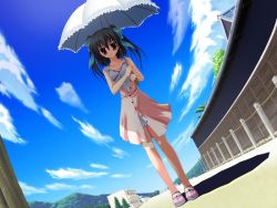 Rule 34 | 1girl, black hair, clear (visual novel), cloud, day, dress, dutch angle, fisheye, game cg, hair ribbon, mitha, parasol, red eyes, ribbon, shoes, sky, solo, source request, twintails, umbrella