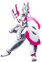 Rule 34 | android, animal ears, aqua hair, armor, colored skin, digitigrade, full body, gun, highres, hispol (04-uma-alpha), holding, holding gun, holding shield, holding weapon, joints, looking at viewer, original, pink eyes, rabbit ears, robot joints, science fiction, shield, solo, standing, weapon, white background, white skin