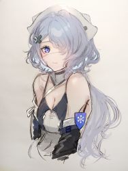 Rule 34 | 1girl, arknights, bare shoulders, black dress, breasts, cleavage, closed mouth, commentary, cropped torso, cross hair ornament, detached collar, dress, eyepatch, gawako, grey background, grey dress, hair ornament, hat, highres, long hair, looking at viewer, medical eyepatch, medium breasts, nervous, nurse cap, off shoulder, one eye covered, purple eyes, silver hair, simple background, sketch, solo, spaghetti strap, upper body, whisperain (arknights)