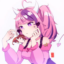Rule 34 | 1girl, ahoge, alohamikan, bare shoulders, breasts, cdawgva, character doll, fang, frown, head rest, heart, heart ahoge, horns, ironmouse, ironmouse (1st costume), medium breasts, nail polish, pink hair, purple eyes, purple hair, signature, solo, trash taste, twintails, upper body, virtual youtuber, vshojo