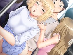 Rule 34 | 1boy, 2girls, arm up, black eyes, blonde hair, blue skirt, blush, bottomless, breasts, buttons, character request, clothed sex, clothes lift, doggystyle, game cg, green eyes, half-closed eyes, hyoui kanojo: tsukikano, large breasts, leaning forward, legs, lifted by self, long hair, multiple girls, nana g, naughty face, original, parted lips, pink shirt, pleated skirt, public indecency, sex, sex from behind, shirt, short hair, skirt, skirt lift, standing, thighs, train, train interior, vaginal