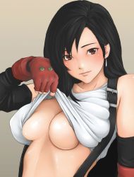 Rule 34 | 1990s (style), 1girl, bad id, bad pixiv id, black hair, breasts, brown eyes, cleavage, clothes lift, final fantasy, final fantasy vii, fingerless gloves, gloves, gradient background, hebameki, highres, large breasts, retro artstyle, shirt lift, solo, square enix, teasing, tifa lockhart