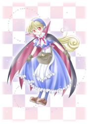 Rule 34 | 1girl, apron, bag, blonde hair, bow, cape, curly hair, dress, female focus, full body, gloves, goggles, hat, heart, long hair, marivel armitage, pantyhose, pointy ears, red eyes, ribbon, sabotenkoubou, shoes, smile, solo, vampire, wild arms, wild arms 2