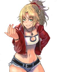 Rule 34 | 1girl, 6maker, absurdres, belt, blonde hair, braid, breasts, commentary request, commission, fate/apocrypha, fate (series), french braid, green eyes, grin, hair ornament, hair scrunchie, highres, jewelry, long hair, looking at viewer, mordred (fate), mordred (fate/apocrypha), mordred (memories at trifas) (fate), nail polish, navel, necklace, open mouth, pixiv commission, ponytail, red nails, red scrunchie, scrunchie, shorts, small breasts, smile, solo, teeth, white background