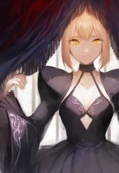 Rule 34 | 1girl, artoria pendragon (all), artoria pendragon (fate), black dress, blonde hair, breasts, cleavage, curtains, detached sleeves, dress, fate/grand order, fate/stay night, fate (series), gothic lolita, highres, hojiro (piko519), lolita fashion, long sleeves, looking at viewer, puffy long sleeves, puffy sleeves, saber (fate), saber alter, solo, yellow eyes