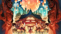 Rule 34 | 1girl, 2boys, architecture, artist request, black hair, building, east asian architecture, flower, hat, highres, holding, japanese clothes, kimono, lantern, long hair, looking at viewer, multiple boys, oni, original, rope, shimenawa, statue, sword, traditional clothes, very long hair, virtual market, weapon, wide shot