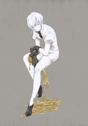 Rule 34 | 10s, androgynous, antarcticite, black gloves, black necktie, collared shirt, colored skin, dripping, gender request, gloves, gold, holding, houseki no kuni, looking at viewer, necktie, other focus, shirt, short hair, short sleeves, shorts, simple background, sitting, solo, white hair, white shirt, white skin