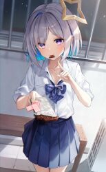 Rule 34 | 1girl, absurdres, amane kanata, bench, blue bow, blue bowtie, blue hair, blue skirt, blurry, bow, bowtie, candy, chocolate, chocolate bar, collarbone, collared shirt, colored inner hair, commentary, depth of field, dress shirt, food, food in mouth, grey hair, hair intakes, halo, hand up, highres, holding, holding chocolate, holding food, hololive, index finger raised, looking at viewer, mouth hold, multicolored hair, outstretched hand, plaid, plaid bow, plaid bowtie, pleated skirt, pocket, purple eyes, school uniform, shirt, shirt tucked in, short hair, sidelighting, sidelocks, sira (user dswn7488), skirt, sleeves rolled up, solo, star halo, valentine, virtual youtuber, white shirt, wooden bench
