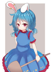 Rule 34 | 1girl, :&gt;, animal ears, bad id, bad pixiv id, beni shake, blue hair, rabbit ears, dress, earrings, jewelry, kine, looking at viewer, low twintails, mallet, red eyes, sash, seiran (touhou), smile, solo, touhou, twintails