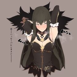 Rule 34 | 1girl, arm behind head, armpits, blush, breasts, brown background, brown hair, cleavage, closed mouth, commentary request, detached sleeves, fate/grand order, fate (series), hair between eyes, highres, image sample, jikatarou, long hair, looking at viewer, medium breasts, semiramis (fate), solo, steam, sweat, translation request, twitter sample, yellow eyes