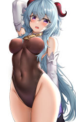 Rule 34 | 1girl, :o, absurdres, arm behind head, arm up, bare shoulders, bell, black gloves, blue hair, breasts, brown leotard, covered navel, cowbell, cowboy shot, detached sleeves, ganyu (genshin impact), genshin impact, gloves, goat horns, groin, highleg, highleg leotard, highres, horns, impossible clothes, impossible leotard, large breasts, leotard, long hair, long sleeves, looking at viewer, low ponytail, open mouth, purple eyes, simple background, solo, standing, sunhyun, thighs, very long hair, white background