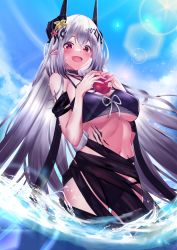 Rule 34 | 1girl, :d, absurdres, arknights, bare shoulders, bikini, black bikini, black choker, black ribbon, blue sky, breasts, choker, day, flower, food, fruit, hair flower, hair ornament, highres, holding, holding food, holding fruit, horns, large breasts, lens flare, looking at viewer, material growth, mudrock (arknights), mudrock (silent night) (arknights), official alternate costume, open mouth, oripathy lesion (arknights), outdoors, pointy ears, red eyes, ribbon, seabread, silver hair, sky, smile, solo, sunlight, swimsuit, underboob, wading, water, yellow flower