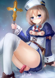 Rule 34 | 1girl, blanc (neptunia), blue eyes, blue nails, blush, breasts, brown hair, dildo, fingernails, hat, highres, holding, holding staff, nail polish, neptune (series), nipples, pussy juice, red neckwear, sex toy, short hair, staff, suterisu, thighhighs, white thighhighs