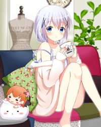 Rule 34 | 1girl, bead necklace, beads, blue eyes, blue hair, blush, braid, camisole, character doll, chibi, clock, coffee, commentary, couch, cup, doll, gochuumon wa usagi desu ka?, hair between eyes, hair ornament, highres, hoto cocoa, indoors, jewelry, kafuu chino, knees together feet apart, knees up, looking at viewer, mannequin, matching hair/eyes, mug, necklace, nightgown, pillow, plant, room, ryoutan, sitting, smile, solo, strap slip, tippy (gochiusa), tippy (gochuumon wa usagi desuka?), twin braids, x hair ornament