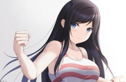 Rule 34 | 1girl, bare arms, bare shoulders, black hair, blue eyes, breasts, cleavage, clenched hand, closed mouth, commentary, dead or alive, english commentary, frown, hair tubes, highres, keenh, kokoro (doa), large breasts, long hair, looking at viewer, outstretched arms, sideways glance, simple background, solo, striped, tank top, upper body, watch, white background, wristwatch
