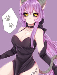 Rule 34 | :3, absurdres, animal ear fluff, animal ears, bad id, bad pixiv id, bare shoulders, black dress, black gloves, black sclera, bow, breasts, cat ears, cat tail, cleavage, collarbone, colored sclera, cowboy shot, dress, elbow gloves, eyelashes, gloves, hair bow, highres, leg tattoo, long hair, medium breasts, original, paw print, purple background, purple hair, solo, tail, tao xin shizijia, tattoo, thighs, very long hair, yellow eyes