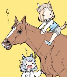 Rule 34 | 2girls, aged down, animal ears, belt, blonde hair, blue eyes, brown headwear, cabbie hat, casual, commentary, ear covers, ear ornament, ear piercing, ears through headwear, glaring, grey hair, grey shorts, hat, highres, hishi miracle (umamusume), horse, horse ears, horse girl, horse tail, horseback riding, jewelry, long sleeves, multicolored hair, multiple girls, narita top road (umamusume), official alternate costume, open mouth, parted bangs, pendant, piercing, real life, riding, sanpaku, shorts, sideways glance, single ear cover, soccer boy (racehorse), solid circle eyes, streaked hair, tail, takatsuki nato, teeth, translated, two-tone hair, umamusume, upper teeth only, white hair, yellow background
