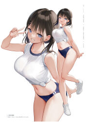 Rule 34 | 1girl, bare shoulders, blue eyes, brown hair, buruma, full body, gym, gym uniform, highres, looking at viewer, midriff, mignon, multiple views, navel, open mouth, original, oshiego-chan (mignon), parted lips, shoes, simple background, smile, sneakers, stomach, thighs, v