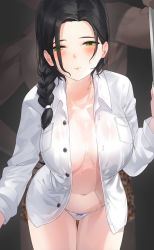 Rule 34 | 1boy, 1girl, black hair, blouse, blush, bow, bow panties, braid, braided ponytail, breasts, buttons, cleavage, closed mouth, commentary request, cowboy shot, dark-skinned male, dark skin, green eyes, highres, kfr, large breasts, leaning forward, long hair, long sleeves, looking at viewer, navel, no bra, open clothes, open shirt, original, panties, shirt, single braid, solo focus, unbuttoned, unbuttoned shirt, underwear, white panties, white shirt