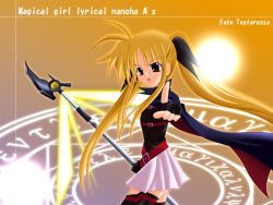 Rule 34 | 00s, 1girl, bad anatomy, bardiche (nanoha), bardiche (sealing form) (nanoha), belt, blonde hair, character name, copyright name, fate testarossa, fate testarossa (lightning form), fingerless gloves, gloves, index finger raised, long hair, looking at viewer, lyrical nanoha, magic circle, magical girl, mahou shoujo lyrical nanoha, mahou shoujo lyrical nanoha a&#039;s, octagram, pointing, polearm, poorly drawn, red eyes, sidelocks, single fingerless glove, skirt, solo, spear, thighhighs, twintails, weapon