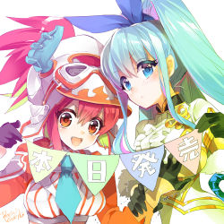 Rule 34 | 10s, 2girls, :d, artist name, black gloves, blue eyes, blue hair, blush, bunting, edoya pochi, gloves, hair between eyes, hair ribbon, hat, holding, last period, long hair, long sleeves, looking at viewer, multiple girls, official art, open mouth, pennant, ponytail, red eyes, red hair, release date, ribbon, ruby (happy elements), sapphire (happy elements), signature, simple background, smile, string of flags, white background
