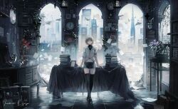 Rule 34 | 1girl, artist name, black footwear, black shorts, black thighhighs, book, building, cityscape, clock, crossed legs, full body, gluteal fold, grey hair, highres, inaeda kei, indoors, looking at viewer, making-of available, midriff peek, navel, original, shirt, short hair, short shorts, shorts, signature, skindentation, solo, standing, straight-on, thigh gap, thighhighs, wall clock, watson cross, white shirt