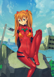 Rule 34 | 1girl, arm behind back, blue eyes, bodysuit, bracer, breasts, building, cloud, day, gloves, hair between eyes, hair ornament, hand on own knee, hashi, hip focus, knee up, light smile, long hair, looking at viewer, mountain, neon genesis evangelion, orange hair, outdoors, plugsuit, red hair, rock, ruins, shiny clothes, sky, skyscraper, small breasts, smile, solo, souryuu asuka langley, traffic light, turtleneck, two side up, water
