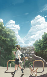 Rule 34 | 1girl, bad id, bad pixiv id, bag, booota, brown hair, building, buuta, cat, chain-link fence, city, cityscape, cloud, day, fence, food, highres, original, outdoors, pleated skirt, popsicle, railing, scenery, school uniform, serafuku, shadow, short hair, short ponytail, skirt, sky, solo, tree, vocaloid, walking