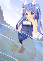 Rule 34 | 1girl, barefoot, blue hair, blue one-piece swimsuit, blush, breasts, cloud, embarrassed, hair ribbon, hand to own mouth, i-19 (kancolle), kantai collection, long hair, looking to the side, medium breasts, minamimachi naname, mountain, name tag, no mouth, ocean, one-piece swimsuit, partially submerged, peeing, peeing self, peeing underwater, red eyes, ribbon, school swimsuit, sky, swimsuit, tears, twintails, water