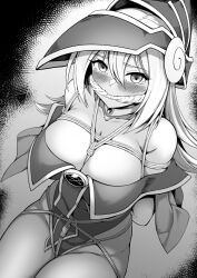 Rule 34 | 1girl, arms behind back, bare shoulders, blush, breasts, cleavage, dark magician girl, duel monster, gagged, greyscale, groin, hair between eyes, hat, highres, large breasts, long hair, looking at viewer, monochrome, rope, shibari, sitting, solo, tearing up, thealagator, yu-gi-oh!