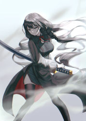Rule 34 | 1girl, absurdres, black dress, black hair, black thighhighs, braid, china dress, chinese clothes, collar, dress, fighting stance, grey eyes, highres, iaidou, jisu lee, katana, layered dress, long hair, long sleeves, looking at viewer, low twintails, original, pigeon-toed, ready to draw, see-through, see-through sleeves, sheath, sheathed, smoke, solo, standing, sword, thighhighs, twin braids, twintails, upper body, very long hair, weapon