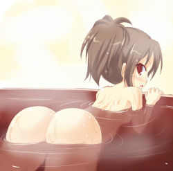 Rule 34 | 1girl, ass, bath, brown hair, kuro (be ok), looking back, nude, open mouth, red eyes, solo, water, wet