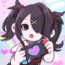 Rule 34 | 1girl, :o, ame-chan (needy girl overdose), black eyes, black hair, collared shirt, commentary request, hair ornament, hair over one eye, handheld game console, hands up, heart, holding, holding handheld game console, long hair, looking at viewer, needy girl overdose, nintendo switch, open mouth, rainbow, red shirt, shirt, skirt, solo, suspender skirt, suspenders, upper body, x hair ornament, yukino super