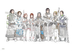 Rule 34 | 3girls, 5boys, armor, artbook, beard, black hair, blame!, blonde hair, brown eyes, brown hair, crossed arms, electrofisher, facial hair, full body, gloves, grey eyes, grey hair, gun, hair ornament, highres, holding, holding weapon, looking at viewer, multiple boys, multiple girls, muted color, nihei tsutomu, over shoulder, pouch, power armor, rifle, scarf, short hair, simple background, sketch, skirt, smile, standing, tae (blame!), third-party edit, weapon, weapon on back, weapon over shoulder, white background, zuru (blame!)