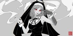 Rule 34 | 1girl, absurdres, bandaid, bandaid on face, braid, cigarette, commentary, english commentary, facial mark, fingernails, habit, halo, head wings, highres, holding, holding cigarette, kamippoina (vocaloid), long fingernails, long hair, nijisanji, nijisanji en, pace argonaut (artist), red eyes, selen tatsuki, smoke, solo, spot color, tongue, tongue out, twin braids, virtual youtuber, wings, wrist cuffs