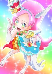Rule 34 | 1girl, absurdres, animal ears, bare shoulders, berry, blush, boots, choker, cure parfait, dress, earrings, elbow gloves, food, food-themed hair ornament, fruit, fuyuzora, gloves, hair ornament, hand on own hip, headband, highres, horse ears, jewelry, kirakira precure a la mode, kiwi (fruit), leaf, lemon, long hair, multicolored eyes, open mouth, orange (fruit), parfait, pearl choker, pearl earrings, pink hair, pointing, pointing up, ponytail, precure, solo, sparkling eyes, strapless, strapless dress, tail, white footwear, white gloves, white tail, white wings, wings