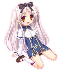 Rule 34 | bow, brown eyes, dress, leaning back, long hair, mary janes, miu (c blue), original, ribbon, shoes, silver hair, sitting, smile, socks, solo, twintails, two side up, very long hair