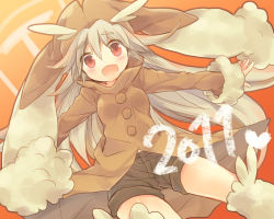 Rule 34 | 10s, 1girl, 2011, animal ears, blush, brown eyes, brown hair, brown thighhighs, creatures (company), female focus, game freak, gen 4 pokemon, gradient background, jacket, long hair, looking at viewer, lopunny, nintendo, open mouth, outstretched arms, personification, pokemon, rabbit ears, red eyes, shorts, smile, solo, tachitsu teto, thighhighs