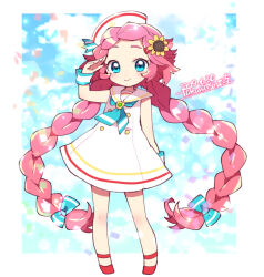 1girl blue_eyes blue_ribbon border braid child closed_mouth commentary_request dot_nose dragalia_lost dress eyelashes flower fukumitsu_(kirarirorustar) full_body hair_flower hair_ornament hat long_hair looking_at_viewer maribelle_(dragalia_lost) pink_hair red_eyes ribbon solo twin_braids very_long_hair white_border white_dress white_hat