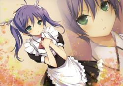 Rule 34 | 1girl, absurdres, apron, blush, bow, green eyes, hair ribbon, highres, kikuchi seiji, maid, maid apron, mayo chiki!, own hands together, purple hair, ribbon, scan, solo, twintails, usami masamune, zoom layer
