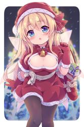 Rule 34 | 1girl, :o, alternate costume, baku-p, bell, blonde hair, blue eyes, blurry, blurry background, blush, border, bow, bowtie, breasts, capelet, cleavage, cleavage cutout, clothing cutout, commentary request, dress, fairy wings, feet out of frame, gloves, hair between eyes, hat, head tilt, highres, lily white, long hair, looking at viewer, medium breasts, neck bell, night, open mouth, outside border, pantyhose, red bow, red bowtie, red capelet, red dress, red gloves, red hat, santa costume, santa hat, snowing, solo, standing, touhou, white border, wings