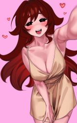 Rule 34 | 1girl, absurdres, armpits, beige dress, blush, breasts, brown eyes, brown hair, cleavage, collarbone, commentary, friday night funkin&#039;, girlfriend (friday night funkin&#039;), hand on own thigh, heart, highres, medium breasts, nia (nia4294), no pupils, open mouth, purple background, smile, solo, symbol-only commentary