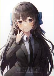 Rule 34 | 1girl, black eyes, black hair, black jacket, black necktie, blue bow, blush, bow, breasts, closed mouth, collared shirt, commentary, commission, copyright request, english text, formal, hair between eyes, hair bow, hand on own cheek, hand on own face, hand up, highres, instagram username, jacket, long hair, long sleeves, looking at viewer, mirage (rairudiseu), necktie, open clothes, open jacket, shirt, simple background, smile, solo, suit, symbol-only commentary, twitter username, upper body, very long hair, white background, white shirt