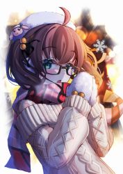 Rule 34 | 1girl, :o, ahoge, aran sweater, bad id, bad pixiv id, beret, black-framed eyewear, black ribbon, blush, breath, brown hair, cable knit, glasses, green eyes, hair between eyes, hair bobbles, hair ornament, hair ribbon, hands up, hat, highres, hololive, long sleeves, looking at viewer, mittens, natsuiro matsuri, off-shoulder sweater, off shoulder, parted lips, ribbon, sasatabekung, scarf, sleeves past wrists, snowflakes, solo, sweater, twintails, upper body, virtual youtuber, white hat, white mittens, white sweater
