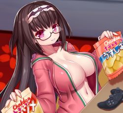 Rule 34 | 1girl, asamura hiori, bag of chips, black hair, blush, breasts, brown hair, chips (food), cleavage, commentary request, controller, fate/grand order, fate (series), food, game controller, glasses, hairband, highres, holding, hood, hoodie, large breasts, long hair, looking at viewer, open clothes, open hoodie, open mouth, osakabehime (fate), parted lips, playstation controller, potato chips, purple eyes, red-framed eyewear, semi-rimless eyewear, smile, solo, under-rim eyewear, very long hair