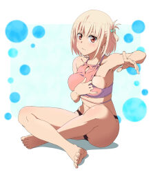 Rule 34 | 1girl, arm up, bare shoulders, barefoot, bikini, bikini top pull, blonde hair, bob cut, breasts, bubble, closed mouth, collarbone, crossed ankles, fish hair ornament, full body, hair ornament, highres, hugimosi, indian style, large breasts, looking at viewer, lycoris recoil, mismatched bikini, navel, nishikigi chisato, one side up, red eyes, short hair, sitting, solo, stomach, swimsuit, thighs