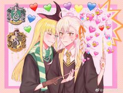 Rule 34 | 2girls, anger vein, black headwear, blonde hair, blush, brown gloves, commentary request, fate (series), gloves, green scarf, hair ribbon, harry potter (series), hat, heart, holding, holding wand, hufflepuff, lord el-melloi ii case files, multiple girls, necktie, olga marie animusphere, orange eyes, orange ribbon, pink background, reines el-melloi archisorte, ribbon, scarf, slytherin, smile, striped background, striped clothes, striped necktie, striped scarf, tanxi mei piqi, upper body, wand, white background, white hair, witch hat, wizarding world, yellow necktie