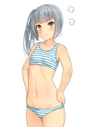 Rule 34 | 1girl, angry, bad id, bad pixiv id, blue bra, blue panties, bow, bow panties, bra, brown eyes, collarbone, commentary request, cowboy shot, flat chest, grey hair, hands on own hips, highres, kantai collection, kasumi (kancolle), long hair, navel, osananajimi neko, panties, revision, side ponytail, simple background, solo, sports bra, standing, stomach, striped bra, striped clothes, striped panties, striped sports bra, underwear, underwear only, white background