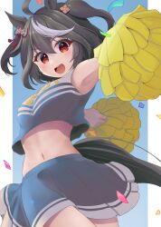 Rule 34 | 1girl, absurdres, ahoge, animal ears, armpits, bare shoulders, black hair, black shirt, blue sky, blush, breasts, commentary request, confetti, cowboy shot, ear ornament, from behind, highres, holding, holding pom poms, horse ears, horse girl, horse tail, kitasan black (umamusume), looking at viewer, midriff, minakami mimimi, multicolored hair, navel, open mouth, pleated skirt, pom pom (cheerleading), pom poms, red eyes, shirt, skirt, sky, sleeveless, sleeveless shirt, small breasts, smile, solo, streaked hair, tail, teeth, umamusume, upper teeth only, white hair